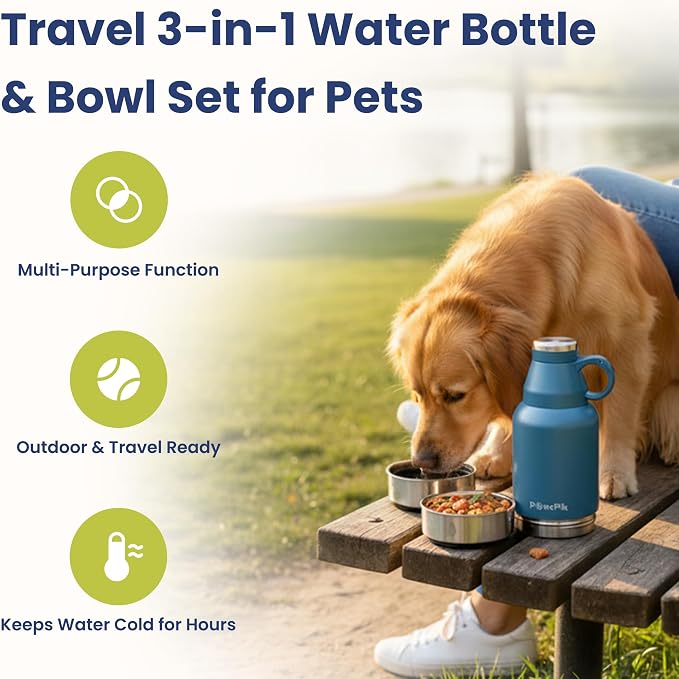 PawsPik 32oz 3-in-1 Travel Dog Water Bottle & Bowl Set – Stainless Steel Vacuum-Insulated Bottle with Detachable Food & Water Bowls, Leak-Proof, Keeps Water Cold 12hrs/Hot 6hrs (Midnight Summit Blue)