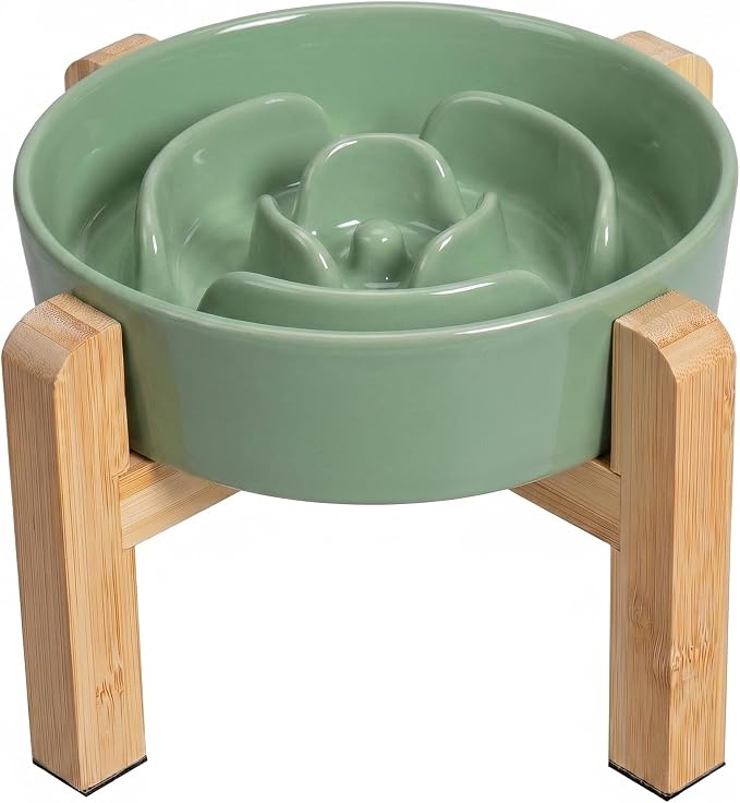 Elevated Slow Feeder Dog Bowl - Ceramic Maze Food Dish with Bamboo Stand - Raised Feeding Bowl for Fast Eaters Small and Medium Dogs - Green
