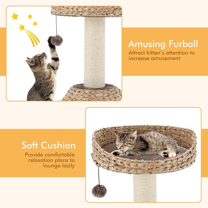 Modern Cat Tree Tower, Paper Rope Natural Bowl Shaped with Perch, Scratching Post, Rattan Cat Activity Tree for Kittens, 28" Tall
