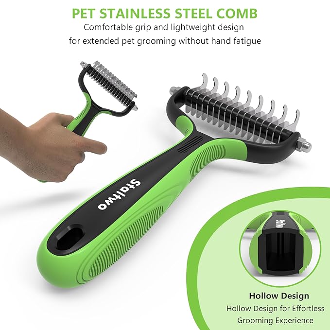 Staltwo Deshedding Dog Brush, Deshedding Undercoat Rake for Dog&Cat | Green Extra-Wide Double-Sided Pet Grooming tool | Shedding Control for Long/Medium-Haired Dogs and Cats, Knot Removal