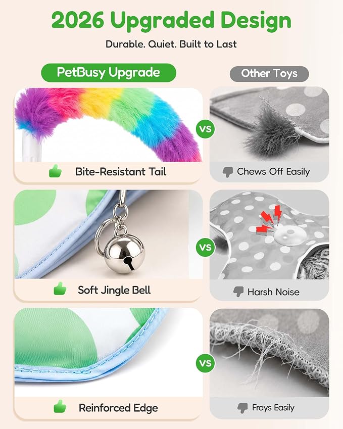 PetsBusy Automatic Hide &Seek Interactive Cat Toys for Indoor Cats,[Week-Long Big Battery] Rechargeable Smart Touch-Activated Kitten Toy with Moving Rainbow Tail for Bored Adult Cats,