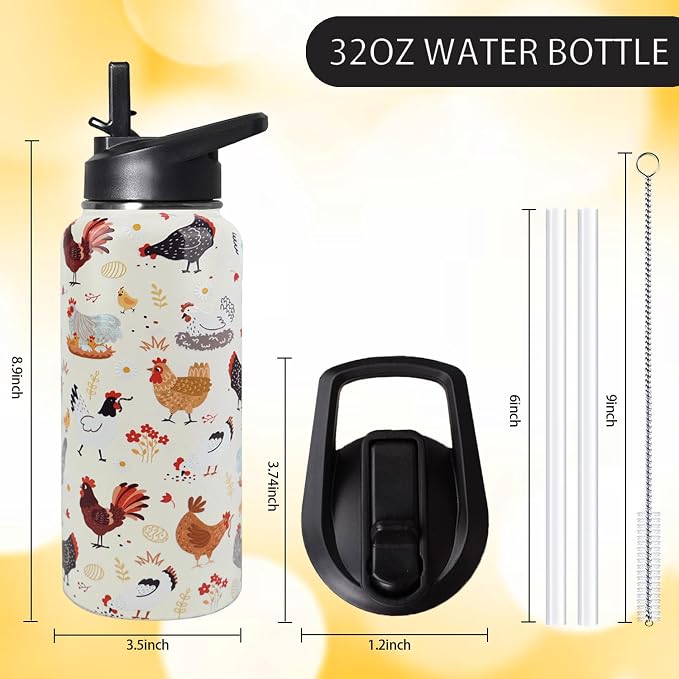 32oz Chicken Stainless Insulated Aater Water Bottle with Straw Gym Hiking Sports Coffee Mug Cup Water Bottles,Chicken Gifts for Women,Chicken Decor Stuff Accessories