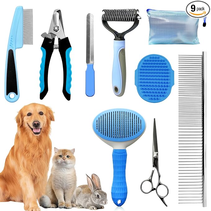 Dog Brush & Grooming Kit – 9-Piece Pet Brush & Deshedding Set for Shedding, Bathing, Trimming & Nail Care | Grooming Tools for Dogs & Cats, Includes Comb, Nail Clipper, Scissors, Slicker Brush (Blue)