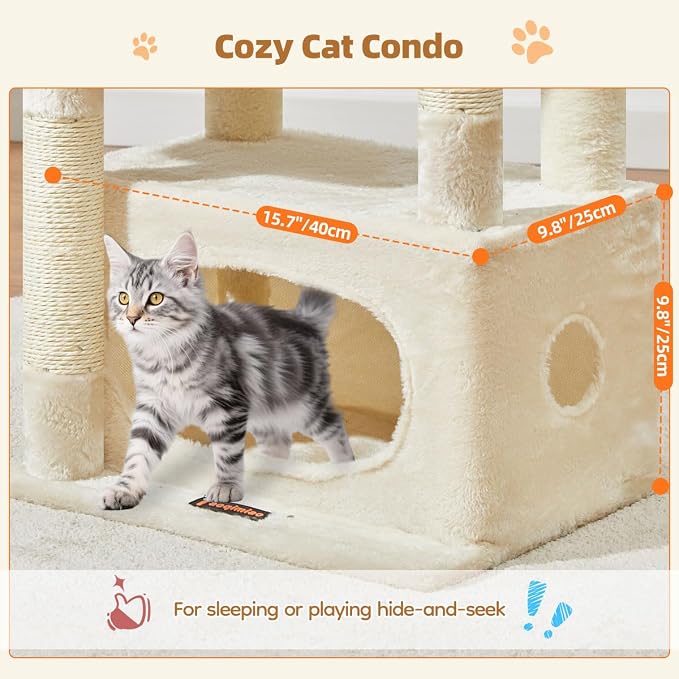 Taoqimiao Cat Tree, 38.5In Cat Tower for Indoor Cats, Suitable for Kittens | Thick Padded Top Perch, Luxurious Cat Condo, Adjustable Basket, 1-Piece Ramp Scratcher, 3 Natural Sisal Posts, Beige, MS029SM
