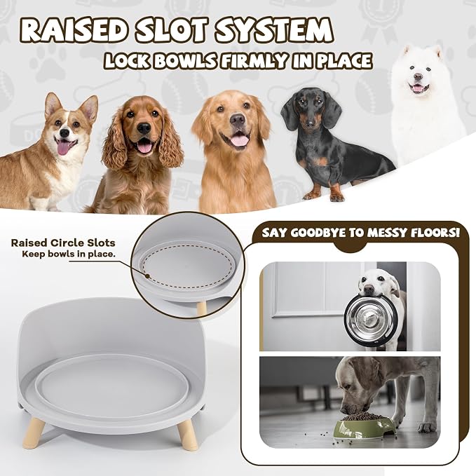 Raised Dog Feeder Bowl Stand (Without Bowls), Fits Dish up to Φ 8" | Spill Proof Elevated Dog Food Stand, Anti-slip Pet Food Holder Feeding Table for Medium and Large Breeds, Grey