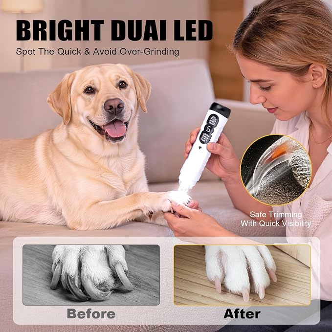 Quiet Dog Nail Grinder Clippers, 9-Speed Pet Nail Trimmer with LED | Low noise, Safety sensor guard, 2 LED lights, USB rechargeable, Professional grooming, Sensitive paws, Dogs cats all breeds