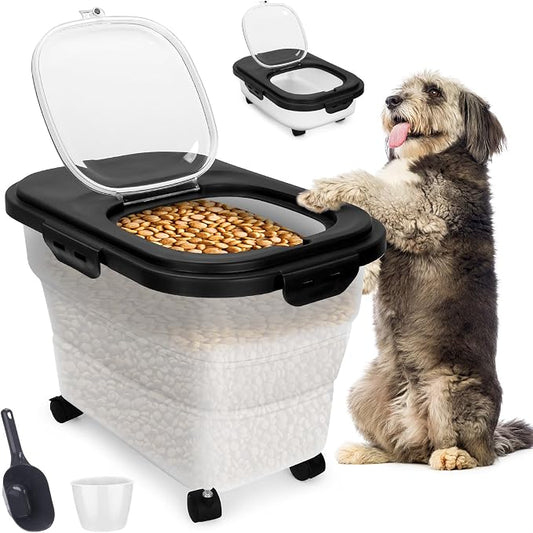 Dog Food Container, Collapsible Pet Food Storage Container 17-20 lb with Rolling Wheels & Airtight Lid, Plastic Storage Bin With Dog Food Scoop and Measuaring Cups