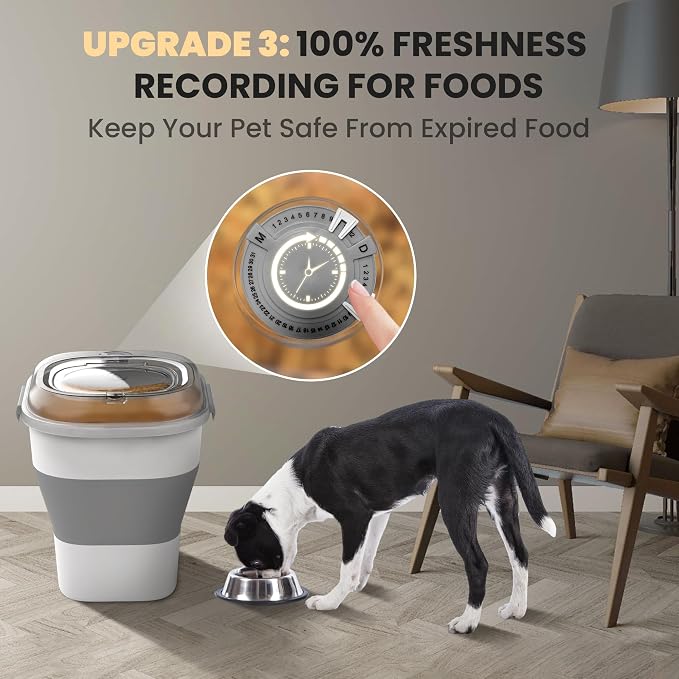 32-35 Lbs Dog Food Storage Container Wheels,Collapsible Dog Food Container | Pet Food Storage Container with Transparent Airtight Lid,Date Track,Keep Fresh for Rice,Flour,Sugar,Scoop and 2PCS Container