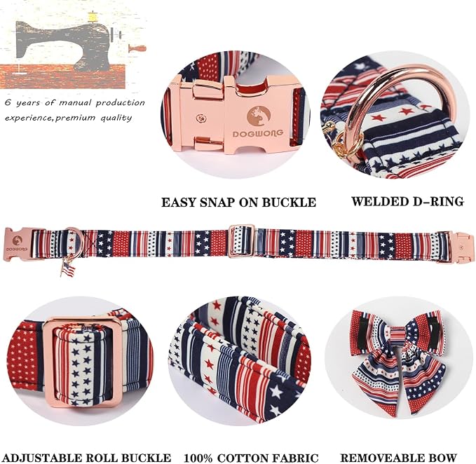 American Flag 4 of July Dog Bow Collar, Independence Day Adjustable Patriotic Dog Collar with Sailor Bowtie for Large Dogs,L