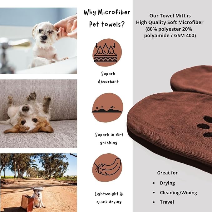 Penny & Niko Microfiber Pet Towel Mitts - Paw Cleaning and Drying Mitts/Gloves for Dogs and Cats (Brown, Standard - 2 Pack)