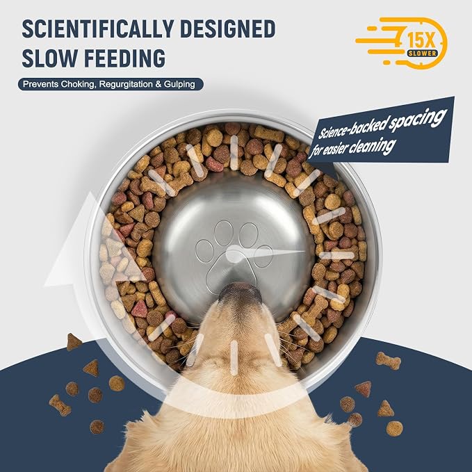 Dog Slow Feeder Bowls Food-Grade 304 Stainless Steel Dog Slow Feeder Bowl Double Wall Heavy Duty Non-Slip Rubber Base 2 Cups Capacity for Small Medium Dogs- Blue