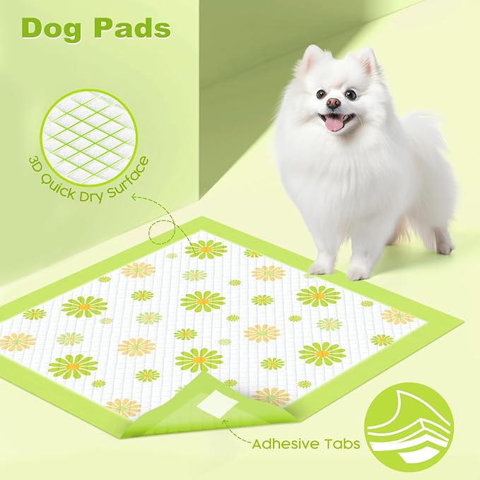 MIZOK Puppy Pads 100 Counts 22"x22" , Dog Pee Pads 6-Layer Super Absorbent & Leak-Proof, Daisy Pattern, 4-Corner Adhesive Tabs, Wee Wee Pads for Puppies & Small Dog Breeds