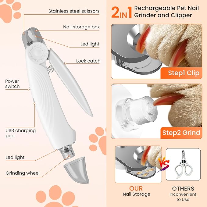 2-in-1 Dog & Cat Nail Clippers and Grinder with 2 Light, Quiet Electric Pet Nail Trimmers for Small Medium Large Dogs & Cats Claw, Safety Guard Usb Rechargeable, Professional Grooming Tool