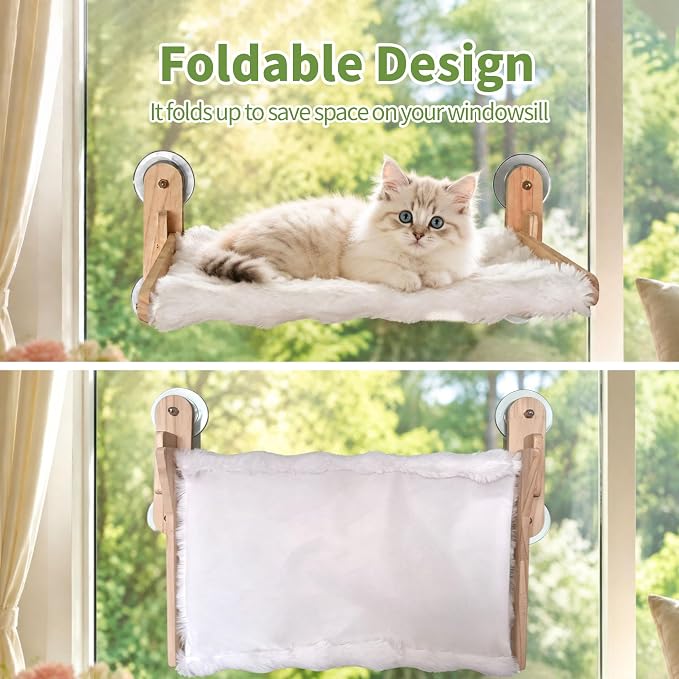 Foldable Cat Window Perch,Cat Hammock Bed with Wood Frame,Washable Soft Rabbit Fur Cover,Strong Suction Cup,Window Seat for Kitten, Indoor Cats, Birds Watching
