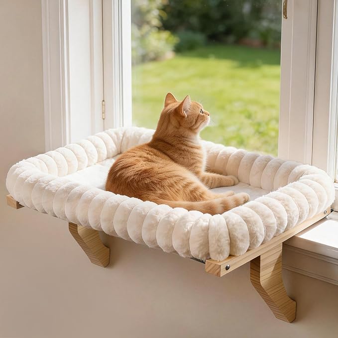 Zoratoo Cloud-Soft Wooden Cat Window Sill Perch with Zipper Cushion,L White | 24.4’’x18’’, Removable for Machine Wash, Fluffy Plush Bolster, Sturdy Metal Frame for Large Cats up to 40lbs, Easy to Adjust