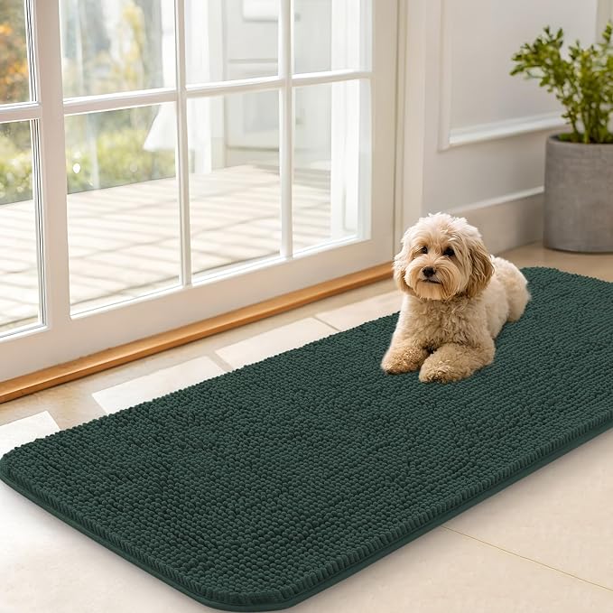 OLANLY Dog Door Mat for Muddy Paws 47x20, Super Absorbent Chenille Mud Mat | Blackish Green, Absorbs Moisture and Dirt, Non-Slip Machine Washable Doormat, Quick-Dry Indoor Entryway Floor Carpet for Dogs