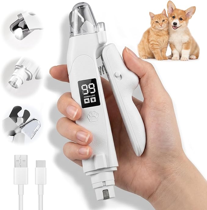 Dog Electric Nail Clippers & Grinder with LED Light,Quiet Cat Nail Trimmer | Large Medium Small Dogs & Cats, Rechargeable, Splash Guard & Safety Lock, Painless Grooming Tool(White)