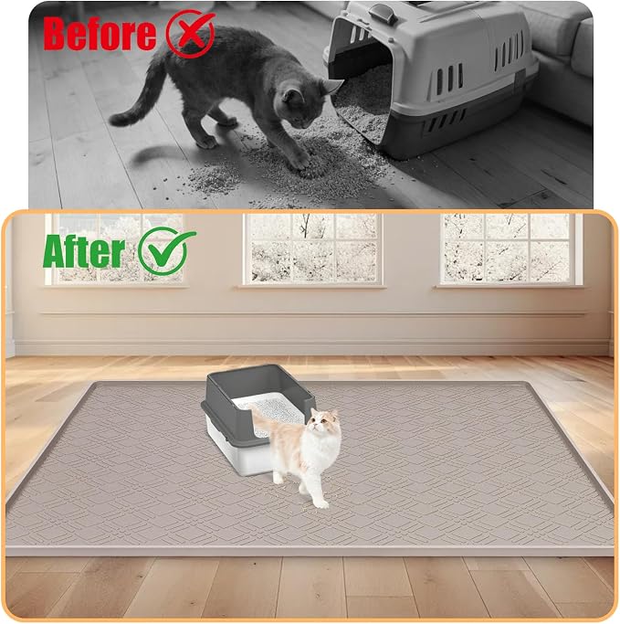 Silicone Cat Litter Mat 42" x 29" Cat Mat for Litter Box, Khaki | Extra Large Cat Litter Trapping Mat for Floor, Waterproof, Non-Slip Kitty Litter Box Mat with Raised Edge, Easy to Clean