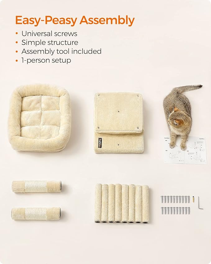 Feandrea Cat Tree, 26.4-Inch Cat Tower, Plush Condo for Kittens up to 7 lb, Large Perch, 2 Caves, Scratching Post, Beige UPCT611M01