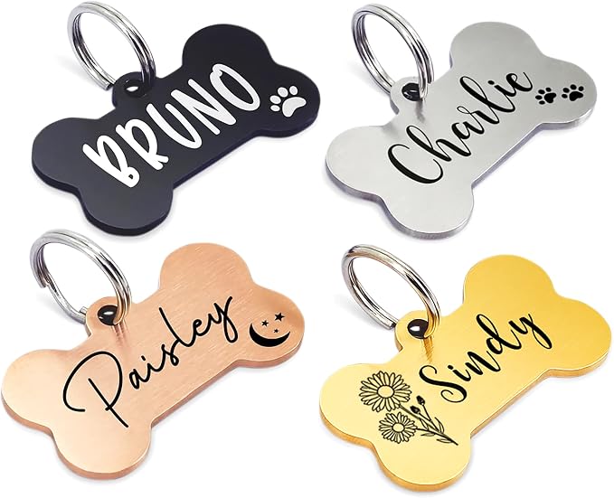 Ultra Joys Personalized Dog Tags for Pets - Durable Stainless Steel Customizable Dog Cat ID Tags - Dog Tags for Safety Optional Engraved on Both Sides -Bone Shape Dog Tag Large Size, Silver