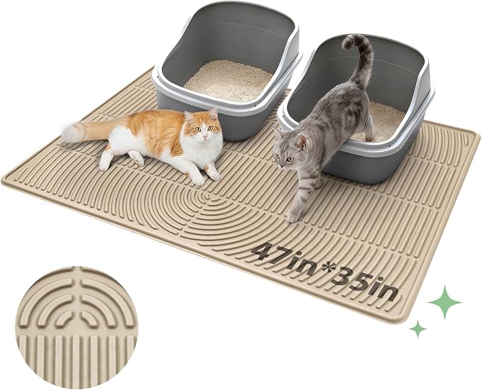 Pawtasy Cat Litter Mat,47" x 35" Extra Large Silicone Waterproof Litter Trapping Mat for Scatter Control Soft on Kitty Paws Non-Slip Easy to Clean