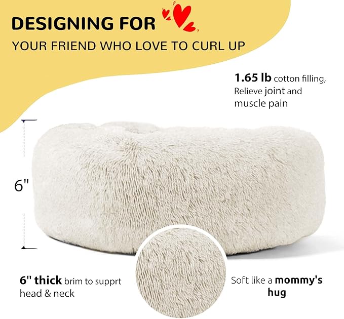 HACHIKITTY Calming Donut Cuddler Dog Bed, Round Fluffy Pet Bed for Small Dogs,Washable, Large, White, 24''