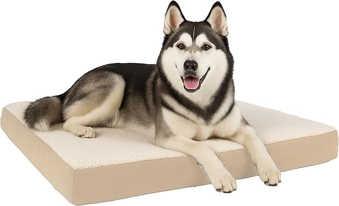 Orthopedic Dog Bed - 2-Layer Memory Foam Crate Mat with Machine Washable Sherpa Cover - 44x35 Pet Bed for Large Dogs up to 100lbs by PETMAKER (Tan)