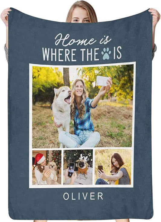 Personalized Throw Blanket Custom Blankets with Photo Name Home is Where The Dog is Soft Fleece Blanket for Lover Friend Family Birthday Wedding Gifts 4 Photos Collage
