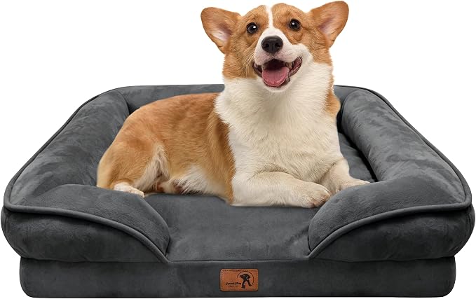 Spotted Play Orthopedic Dog Bed with Sides - Sofa Beds for Medium Dogs, Supportive Foam Pet Couch Bed with Washable Removable Cover, Waterproof Lining and Non-Slip Bottom, Dark Grey - M