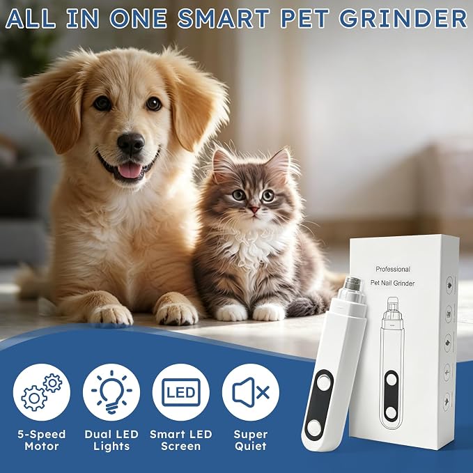 5-Speed Dog Nail Grinder with 2 LED Lights & Smart LED Screen,Quiet Electric Pet Nail Trimmer, Rechargeable Paws Grooming and Smoothing Tool for Large Medium Small Dogs,Cats and Pets