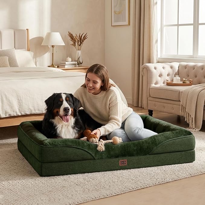 EHEYCIGA Orthopedic XXL Dog Bed for Large Sized Dog, 52x41 Inch Extra Large Memory Foam Dog Couch Bed with Sides, Waterproof Liner & Washable Removable Cover, Bolster Pet Sofa, Dark Green