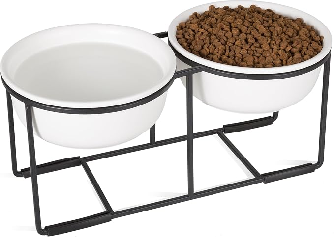 Ceramic Elevated Dog Bowl Set - Raised Food and Water Bowls with Metal Stand - Double Pet Dishes for Small and Medium Dogs - 3 Cups - 24.3 fl oz - Matte White