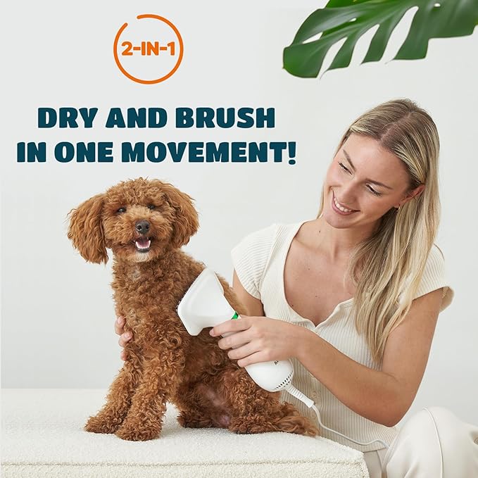 2-in-1 Dog Hair Dryer with Brush for Small Dogs and Cats, Pet Blow Dryer | Pet Grooming Dryer, Dry & Brush in One, 300 Watts, 75-85 dB, Adjustable Temperature, Overheat Protection, Portable