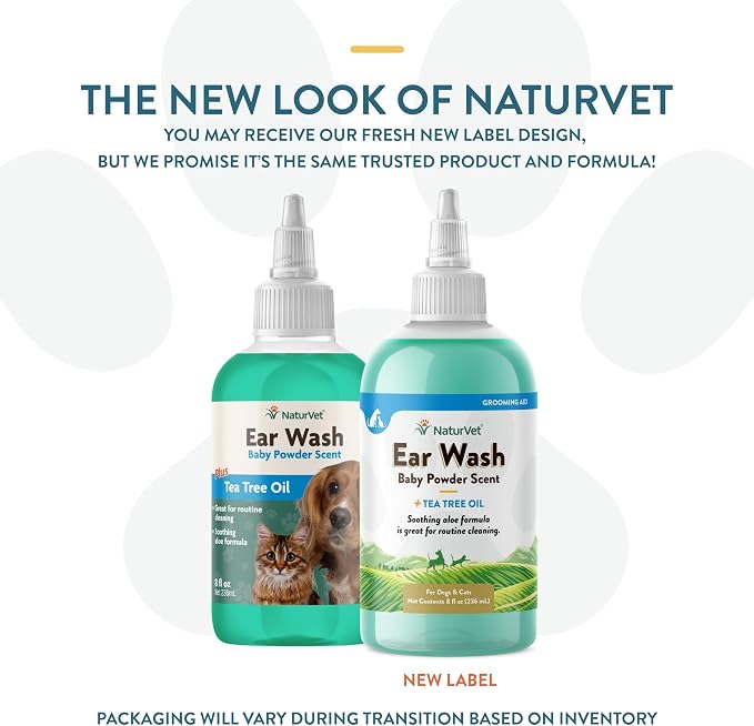 NaturVet Ear Wash with Tea Tree Oil Aloe & Baby Powder Scent | 8 oz