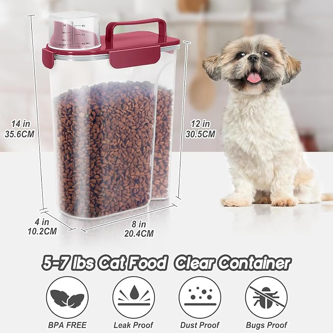 LEAWALK 5Lbs Dog Cat Storage Container Portable with Upgraded Large Spout and Cup, Plastic Pet Food Dispenser for Small Animal Kibble, Bird Seed, Oatmeal, Rice, Flour, Brown Sugart (Elegant Red)