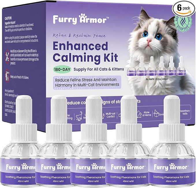 Cat Calming Pheromone Diffuser Refills 6-Pack (48ml Each): 6-Month Supply, Odorless, Reduces Scratching, Peeing, Hiding, Marking, Aggression & Meowing, Compatible with Most Bases | 6-month supply, saves 30% vs 6 singles, reduces scratching/peeing/hidin...