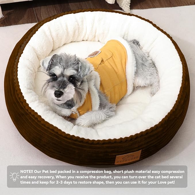 Zerbuger 23in Round Cat Dog Bed for Large Medium Small Dogs Cats, Machine Washable Sleeping Sofa, Non-Slip Bottom Breathable Soft Calming Pet Cuddler for Indoor/Outdoor/Car/Cage, Brown