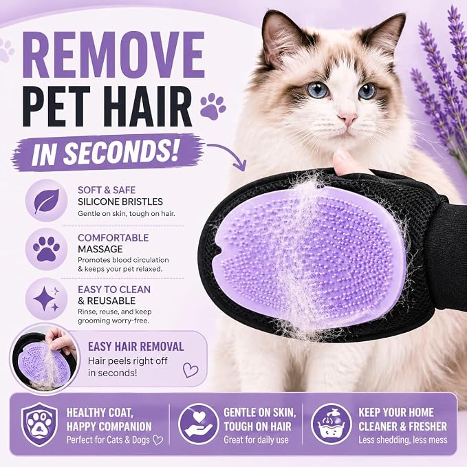 Pet Grooming Gloves for Dogs & Cats – Double Sided Deshedding Glove, Hair Remover & Massage Brush for Shedding Fur (Lavender)