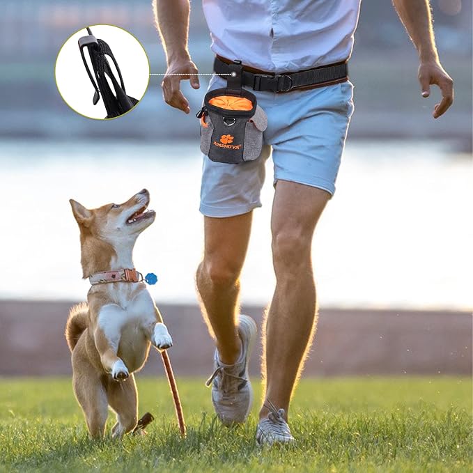 AMZNOVA Dog Treat Pouch Treatnow Dog Treat Bag, 3 Cups, Heather Black | Training Pouch with Waist Belt & Clicker for Training & Walking, Waist Clip On Snack Fanny Pack for Pet