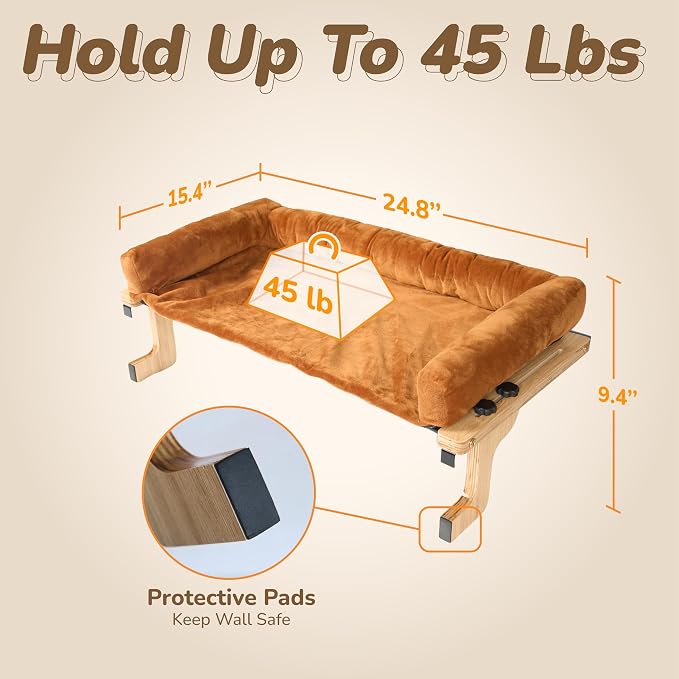 [Ready to Gift] PURRHOUSE 45LBS Cat Window Perch with Bolster, Hammock Seat with Plywood & Metal Frame, Cat Bed for Windowsill, Bedside and Cabinet (Natural Wood & Brown Cushion, 24.8''W x 9.4''H)