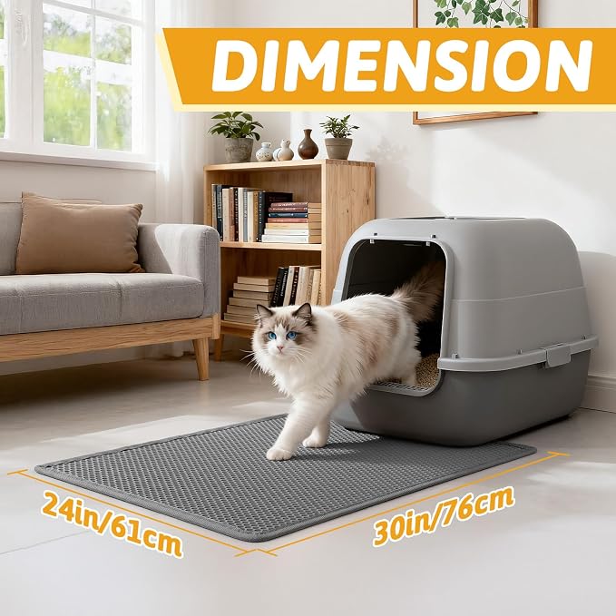 Pieviev Litter Box Mat, Double-Layer Urineproof Design, 30" x 24" Gray | Honeycomb Litter Trapping Mat Captures Scattered Particles to Stop Tracking, Waterproof Base Protects Floors, Easy to Clean