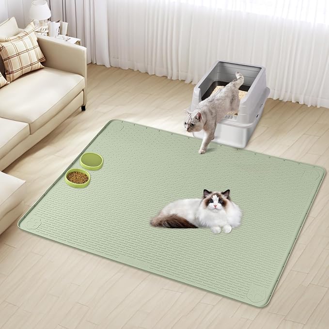 Silicone Cat Litter Mat for Litter Box 57”x40” Large Cat Mat, Green | Waterproof, Non-Slip, Leak-Proof Rug Mat with Lip, Easy to Clean, Extra Large Litter Catcher Mat for Floor