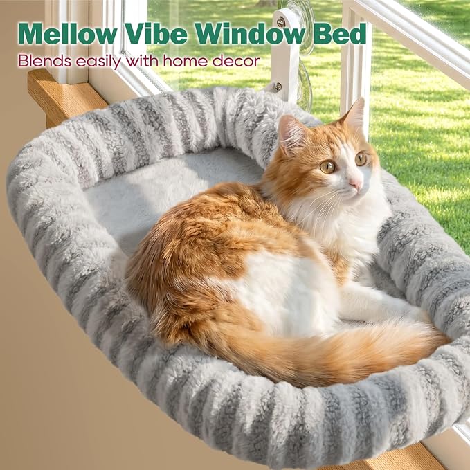 Zakkart Mellow Foldable Cat Window Perch, Upgraded Suction Cups (Gray, M) | Curtain-Friendly, Dual-Fabric Striped Machine Washable Bed, Heavy Duty ABS & Metal Frame, Hold up to 40 lbs., 22.8"W x 15.5"D