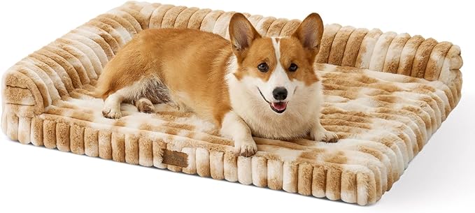 COZY KISS Faux Rabbit Fur Medium Dog Bed – 36"x27" Orthopedic Foam Couch with Sides, Removable Washable Cover & Waterproof Lining, Tie-Dye Brown
