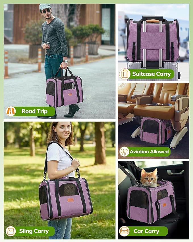Morpilot Cat Carrier - Cat Carrier Soft for Medium or Large Cats up to 20lbs, with Dual-Sided Cushion, Secure Buckle and Foldable Bowl, Dog Carriers for Small Dogs(Purple)-17.3" L x 12.2" W x 13.4" H