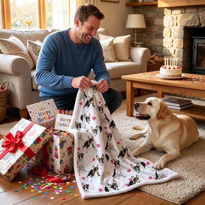 BlessLiving Throw Blanket, White Black Dog Pink Animal, 50x60 Inches | sherpa fleece fabric, Rat Terrier Dense Pet Blankets Puppy print, for couch or sofa, pet lovers, easy machine care