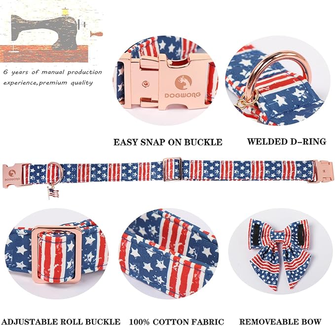 DOGWONG 4th of July American Flag Dog Collar, Red Blue Sailor Bow Tie Dog Collars with Metal Adjustable Buckle, Comfortable Independence Day Dogs Collars for Small Dogs