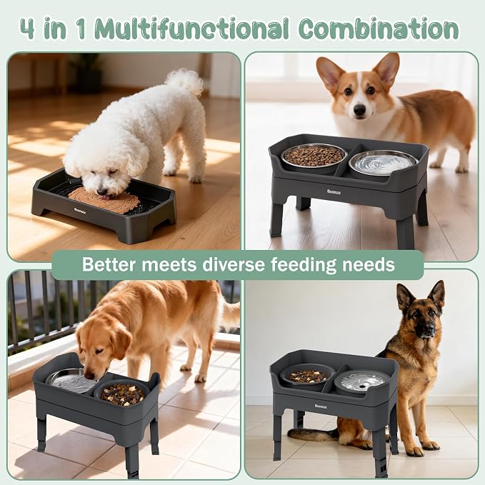 4 in 1 Adjustable Elevated Dog Bowls with 2*Stainless Steel Bowls, Anti-Spill Water Bowl, 4 Heights Raised Dog Bowl Stand for Small to Medium & Growing Large Puppies, Anti-Slip, Mess Proof Design