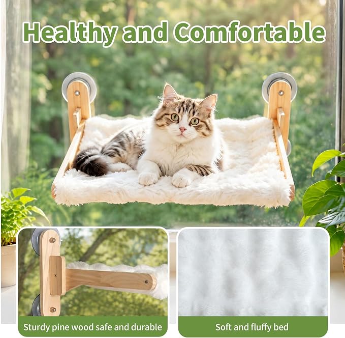 Foldable Cat Window Perch,Cat Hammock Bed with Wood Frame,Washable Soft Rabbit Fur Cover,Strong Suction Cup,Window Seat for Kitten, Indoor Cats, Birds Watching