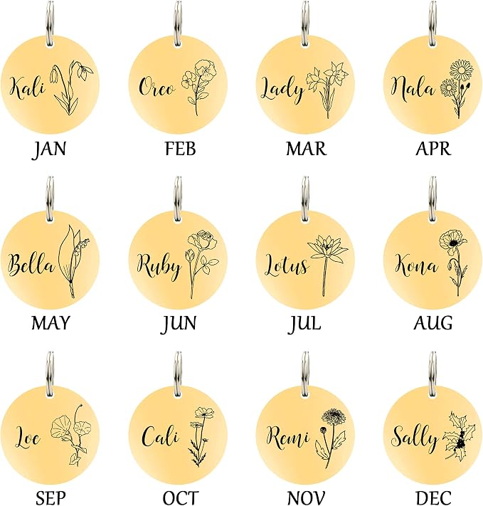 Ultra Joys Personalized Dog Tags for Pets - Durable Stainless Steel Customizable Dog Cat ID Tags - Dog Tags for Safety Optional Engraved on Both Sides -Birth Flower Round Dog Tag Large, Gold